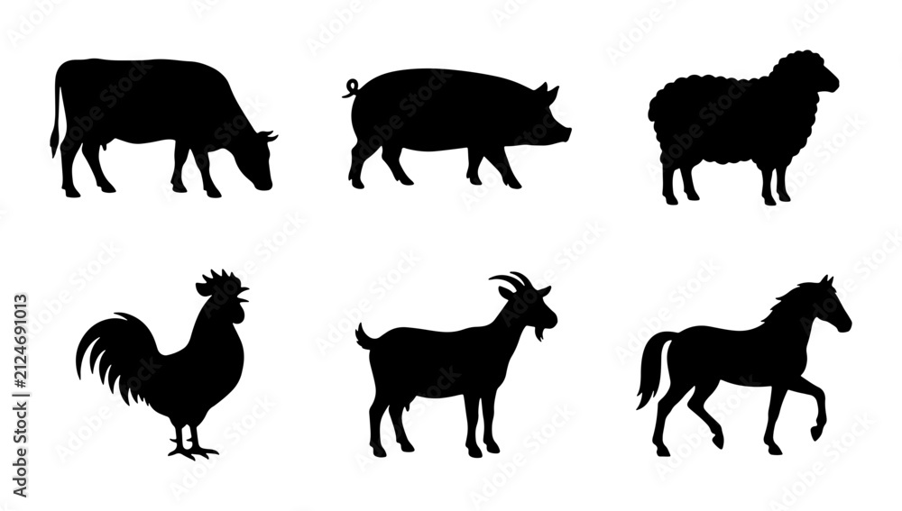 Obraz premium Farm Animal Silhouettes: Cow, Pig, Sheep, Rooster, Goat, Horse Vector Icons