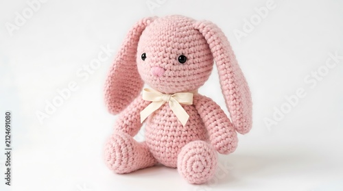 Cute Pink Knitted Rabbit Toy with Bow Tie on White Background, Childhood