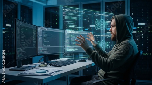 Professional Software Developer Using Artificial Intelligence and AI Coding Tools in a Modern Data Center Server Room with Holographic Interface for Advanced Programming and Automation.
