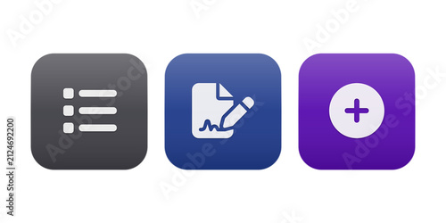 Modern flat icons set for notes, document, and add action isolated on transparent background