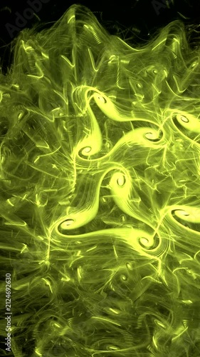 Yellow glowing swirling pattern of curved waves and rays on black background. Vertical abstract fractal video.