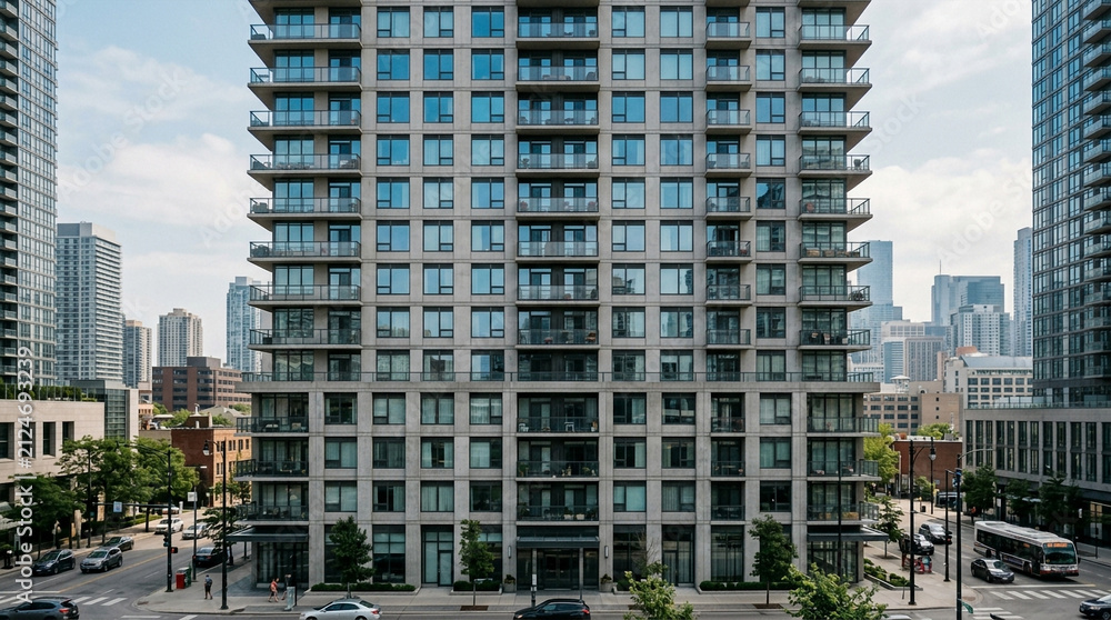 Obraz premium Contemporary residential facade of a modern high-rise building against a skyline
