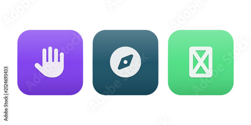 Set of three modern flat design app icons with hand, compass, and cross symbols isolated on transparent background