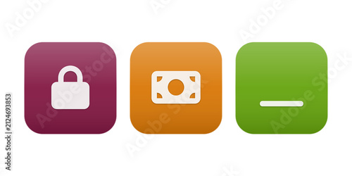 Fotografie Flat icons set showing lock, credit card, and minus sign on colorful squares iso