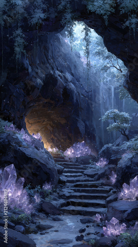 Hidden cave entrance crystal cave stone stair glowing crystal fantasy landscape mysterious path magic light forest cave waterfall twilight
