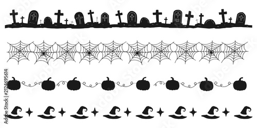 Halloween decorative border collection with gravestones, spider webs, pumpkins and witch hats