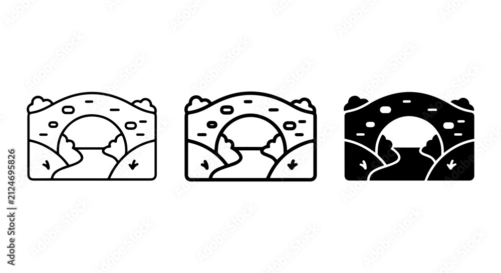 Fototapeta premium Stone Arch Bridge Icons, River Crossing Vector Set, Historic Landmark Line Art Collection
