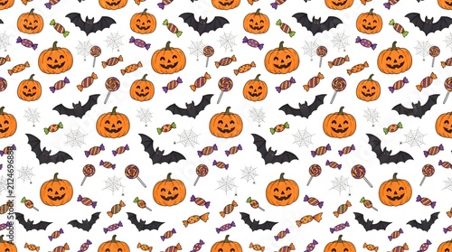 Halloween pattern with pumpkins, bats, and candy isolated on white background