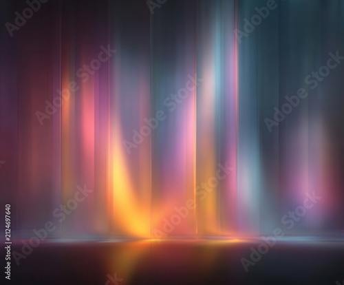 Dynamic light rays illuminating a dark stage with vibrant abstract stripes, creating a gradient of glowing colors and motion blur for modern design backgrounds