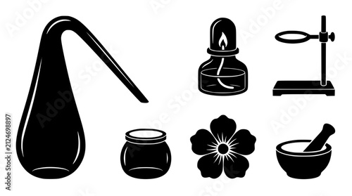 Cuadro en lienzo Vintage alchemy and traditional herbal medicine distillation icon set with glass