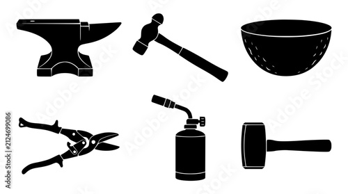 Foto Metal smithing and traditional jewelry making tool icon set with steel anvil bal