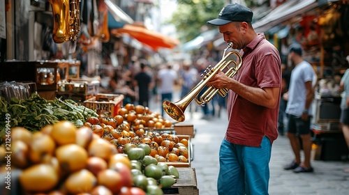 Street musician playing a golden trumpet amidst fresh produce in a busy outdoor market