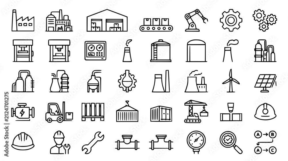 Fototapeta premium Industrial Factory Automation Engineering and Sustainable Green Energy Production Line Vector Icon Set Featuring Isolated Heavy Machinery Warehouse Logistics and Renewable Power Plants on White Backgr