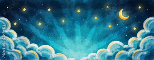 A whimsical watercolor of a night sky featuring a crescent moon and glowing yellow stars set against a deep blue background, with soft stylized, clouds at the, bottom in a, dreamy scene