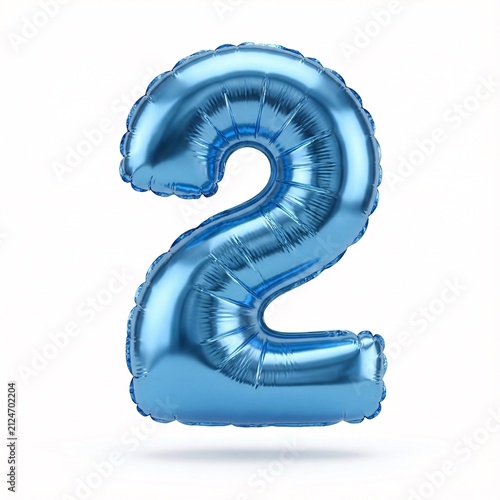 Glossy blue number two balloon floating in air. Shiny metallic numeral for celebrations, birthdays, and anniversaries.