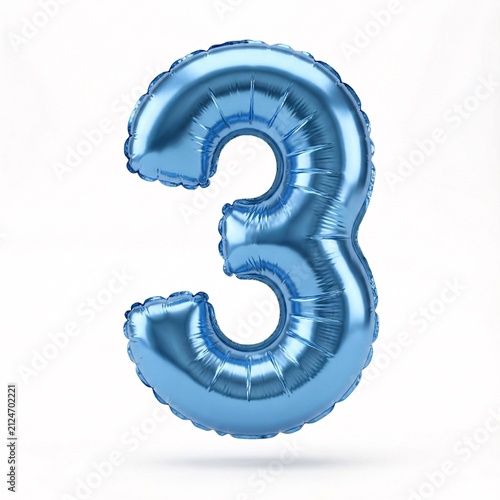 Blue metallic number three balloon for birthday party decoration. Shiny foil digit 3 floating for milestone celebrations and events.