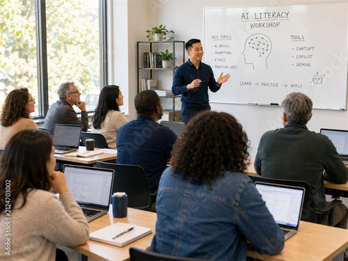 Instructor presents an ai literacy lesson to a diverse group of adult students in a sunlit classroom as they take notes on laptops and explore responsible technology for modern workplaces