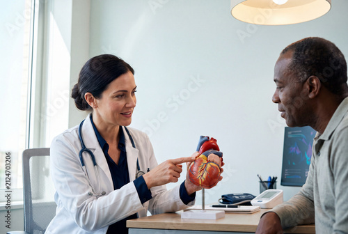A cardiologist holds a life size anatomical heart model in both hands and traces a coronary artery with her fingertip while explaining it to her patient across the desk. Bright window light and.