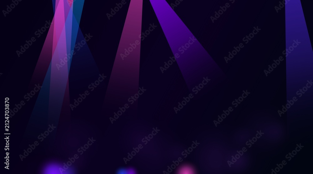 Obraz premium Bright purple and blue stage lights shining down in a dark room for a concert or performance event