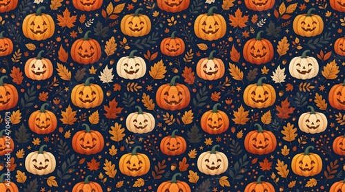 Seamless halloween pattern with jackolanterns and autumn leaves