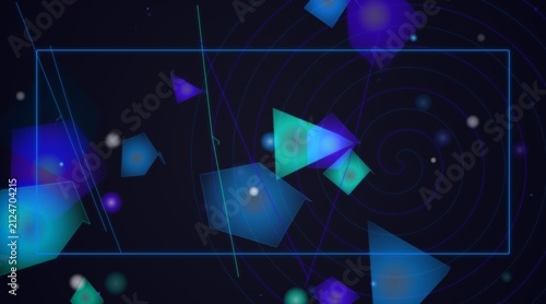 Abstract dark background with glowing blue and green geometric shapes and floating light particles
