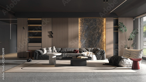 Modern cozy sofa and stone wall in living room interior, modern design, mock up furniture decorative interior, 3d rendering

