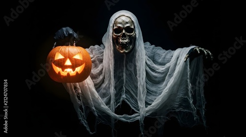 A spooky ghost figure holding a glowing jack o lantern in the dark perfect for a high quality scary halloween wallpaper for your digital desktop