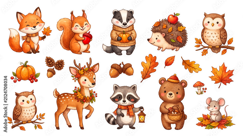 Obraz premium Adorable forest animals with autumn elements isolated on transparent background