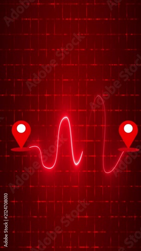 Vertical Animated Neon Journey Roadmap with Location Pins and Dotted Route on a grid background. Neon journey roadmap for Digital Advertising, Online shops, Buying process, and Business Marketing.