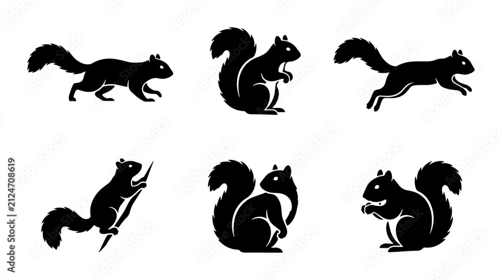 Obraz premium Black Silhouette Squirrel Icons Set, Woodland Animal Poses Vector Collection, Cute Rodent Graphic Elements