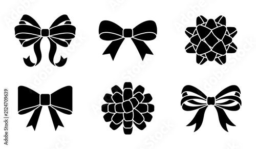 Black Bow Icons, Festive Ribbon Shapes, Gift Wrapping Embellishments, Celebration Decorative Elements