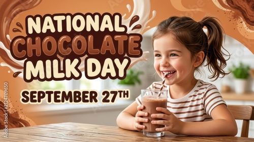 Young girl enjoying a glass of chocolate milk with celebratory text and swirling brown background child kid beverage drink dairy sweet dessert