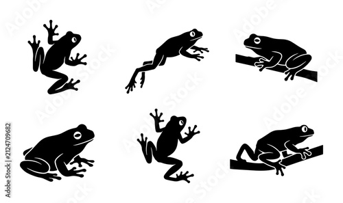 Six Black Frog Silhouettes, Amphibian Vector Icons, Wildlife Art, Nature Elements
