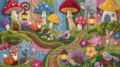 Handmade Knitted Magic Forest Landscape Flat Textile Art with Mushrooms, Animals, and Lanterns