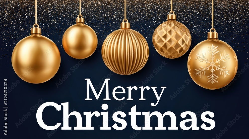 Obraz premium Golden Christmas ornaments hanging over dark blue background with Merry Christmas text
