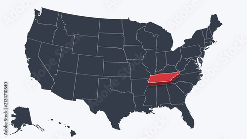 Tennessee Highlighted Raised in 3D on US Election Map Red Fill, White