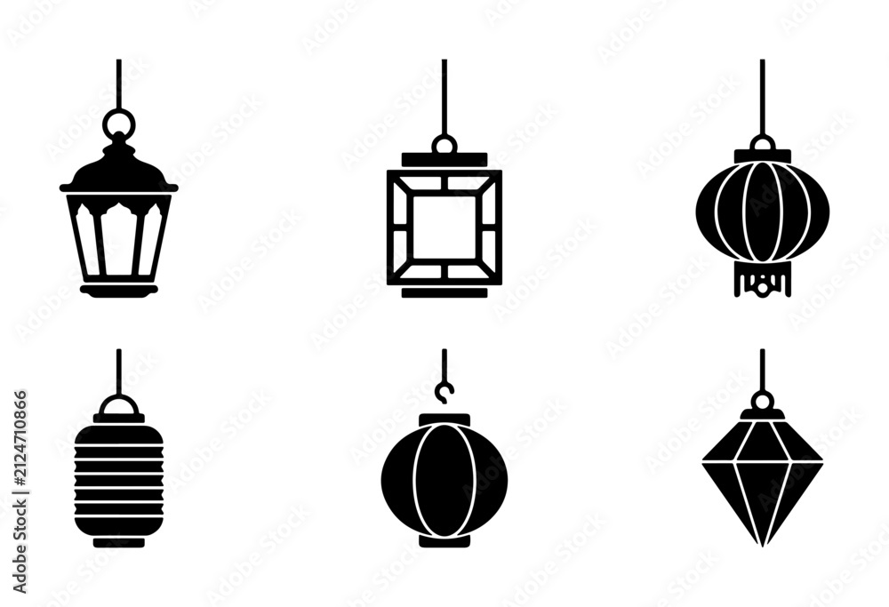 Naklejka premium Set of 6 Black Lantern Icons, Decorative Hanging Lights, Traditional Asian and Middle Eastern Lanterns, Vector Graphics