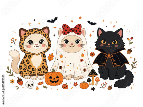 Cute kittens in halloween costumes with pumpkins and mushrooms