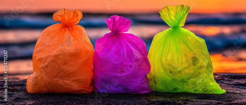 Three Colorful Plastic Trash Bags on the Beach at Sunset