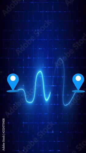 Vertical Animated Neon Journey Roadmap with Location Pins and Dotted Route on a grid background. Neon journey roadmap for Digital Advertising, Online shops, Buying process, and Business Marketing.