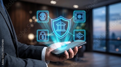 Professional businessman holds a sleek black smartphone displaying glowing blue digital icons representing bank security, financial protection, and modern data encryption.