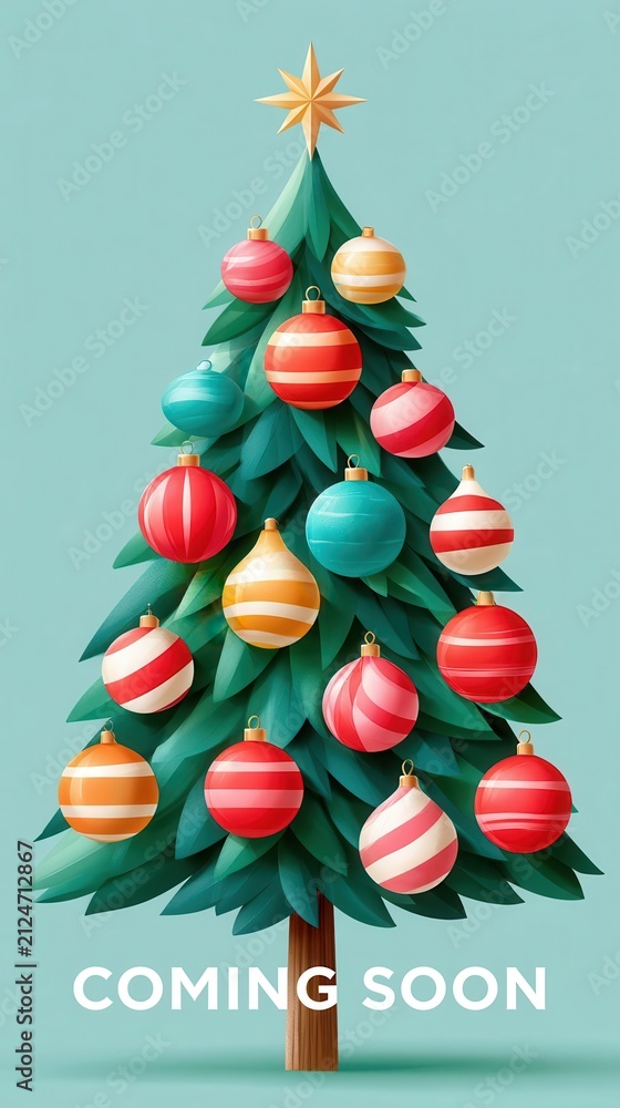 Obraz premium Christmas tree with colorful striped ornaments and star topper on teal background