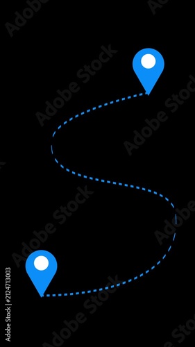 Vertical Animated Dashed Route with Start and Destination Map Pins. Curved GPS Navigation Path on Black Background for Digital Advertising, Online shops, Buying process, and Business Marketing. 