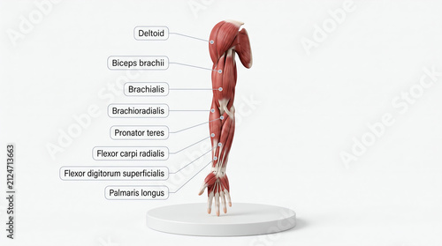 Detailed anatomical illustration of human arm musculature with labels for major muscle groups on a clean white background