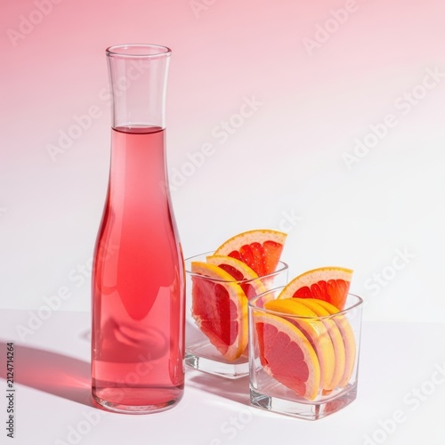 Glass bottle of pink grapefruit juice and two glasses with fruit slices