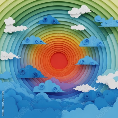 Abstract paper cut design with a colorful sun and clouds in the sky