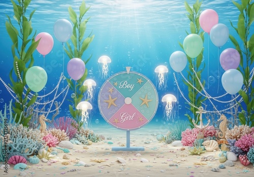Underwater ocean party backdrop with balloons and jellyfish decorations