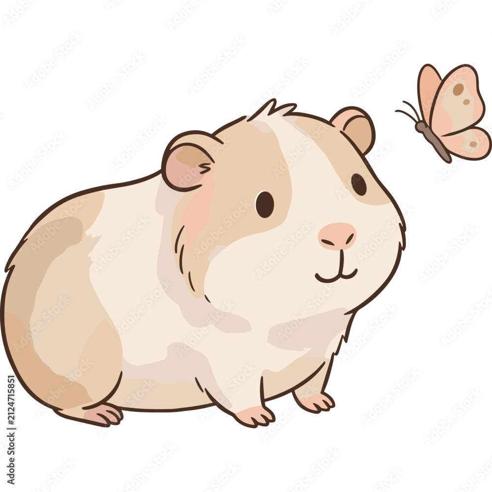 Fototapeta premium Adorable cartoon guinea pig watching a small butterfly friend cute animal illustration isolated on white background