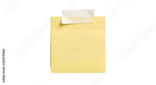 Blank yellow sticky note taped with white masking tape, isolated on white background for reminder, to do list and memo design