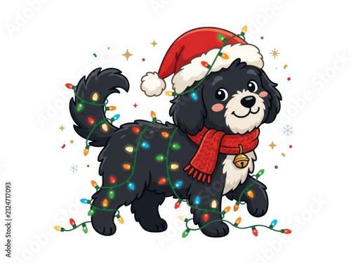 Cute black puppy wearing santa hat and wrapped in christmas lights
